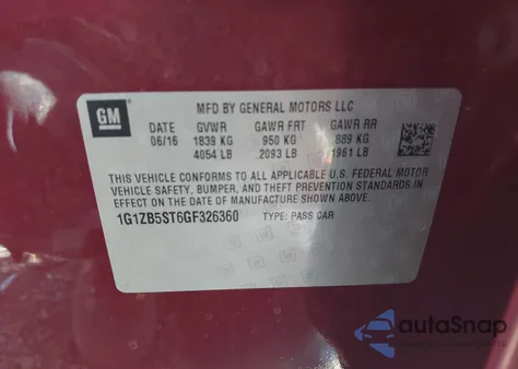 2016 Chevrolet Malibu Ls из США, поврежденный, VIN 1G1ZB5ST6GF326360